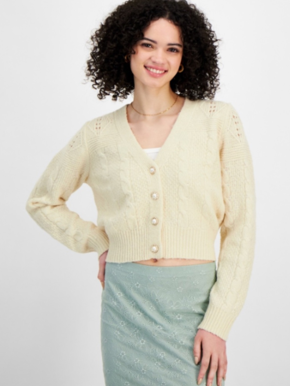 Sugar Moon Juniors' Cable-Knit Bling-Button  Sweater - Irish Cream Size M NWT